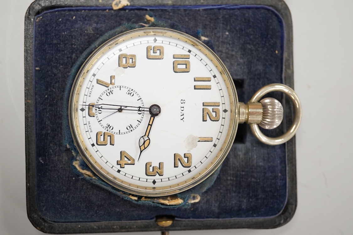 Two George V silver mounted travelling watch cases, both Birmingham, 1921, both containing chrome cased pocket watches. largest case 11.4cm.